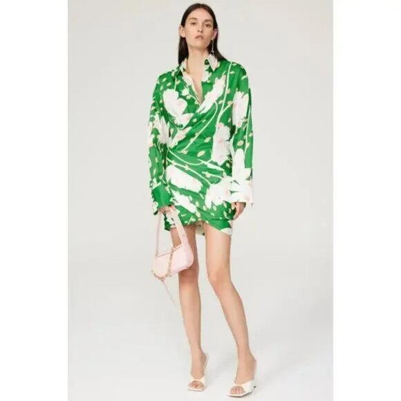 MONSE Shirtdress Floral Wrap Draped Asymmetric Collared Poplin Shirt Mini Dress